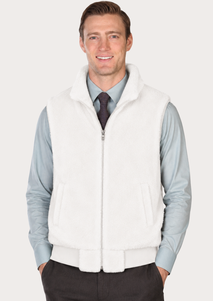 Luxury soft fur winter gilet in white with a sleeveless design and side pockets