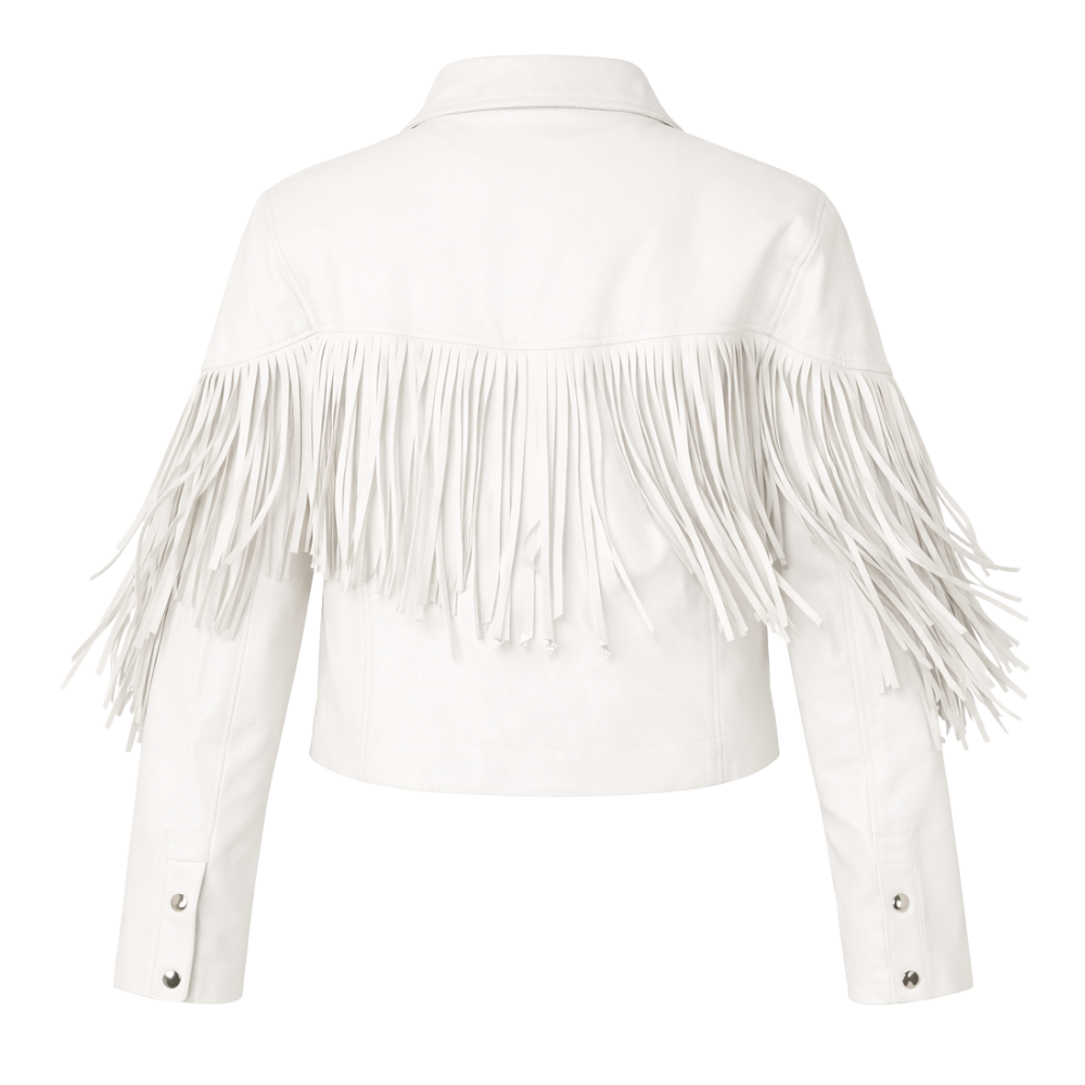 Ivory white fringe motorcycle leather jacket with biker details and tassels