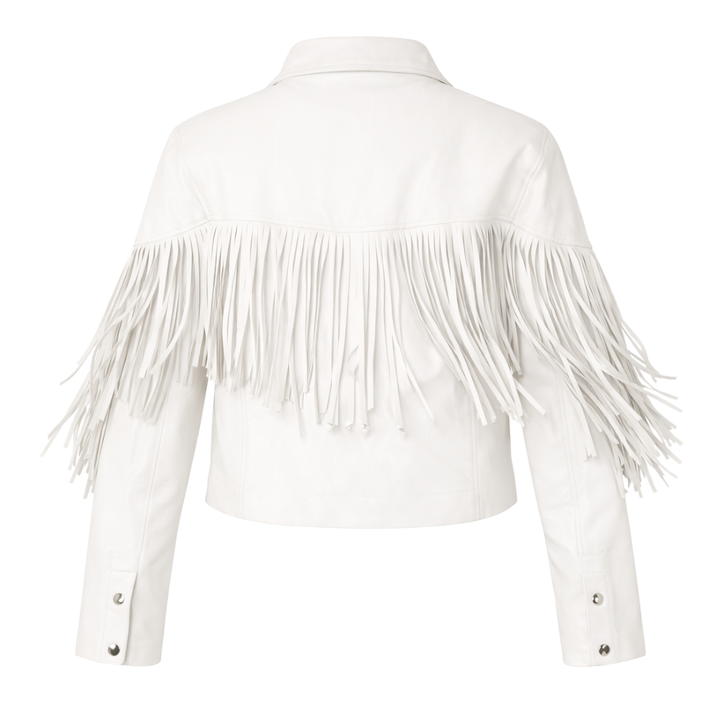 Ivory white fringe motorcycle leather jacket with biker details and tassels