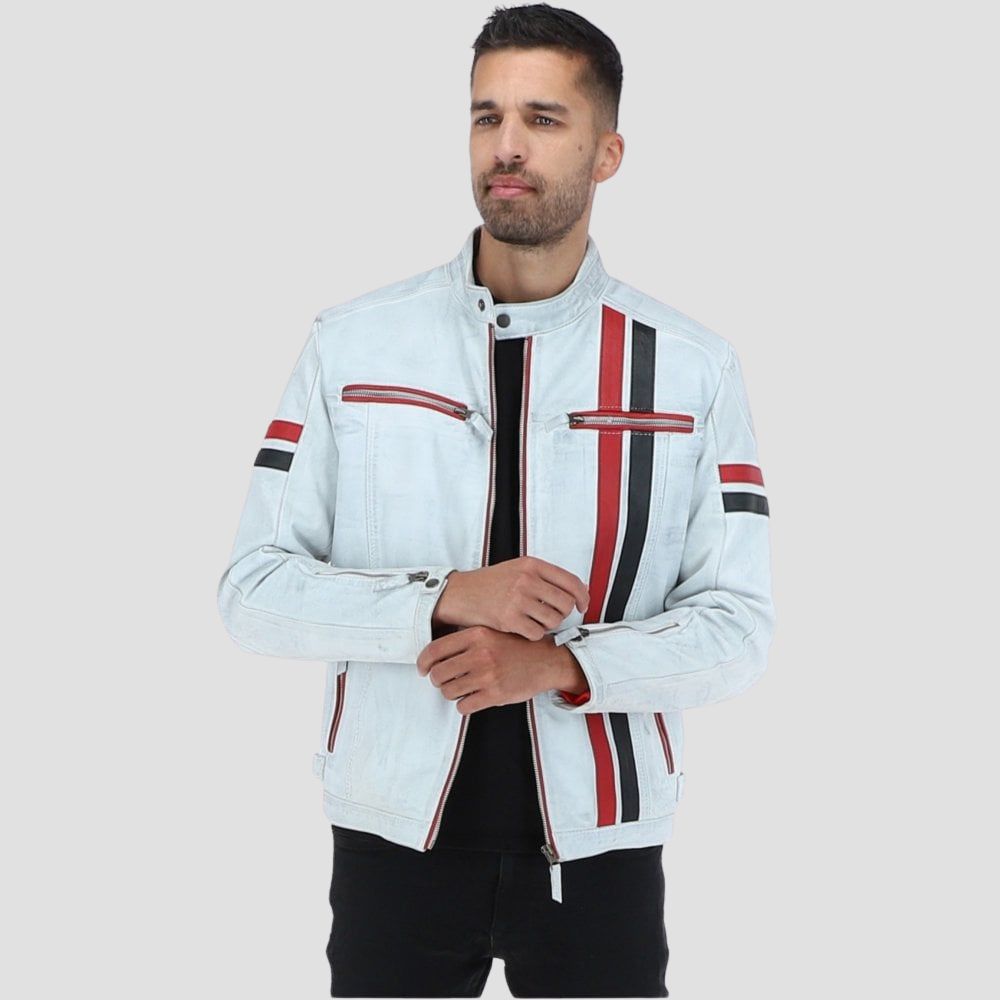 Vintage white distressed leather biker jacket for men.