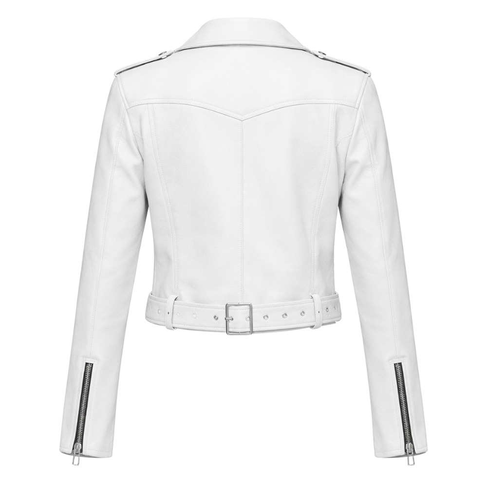 Classic white leather biker jacket for women outfits
