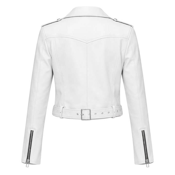 Classic white leather biker jacket for women outfits