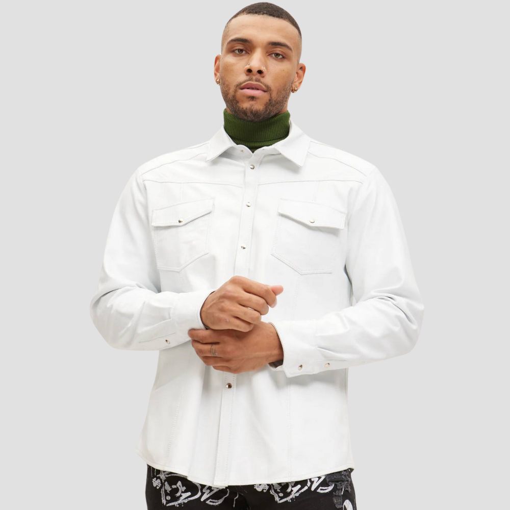 Turn heads with this sleek white leather shirt, the perfect combination of modern elegance and urban sophistication.