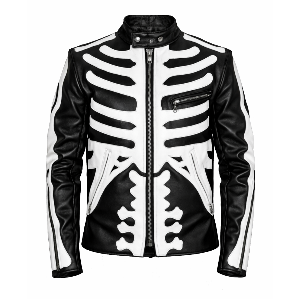 White skeleton leather jacket for men with urban streetwear style