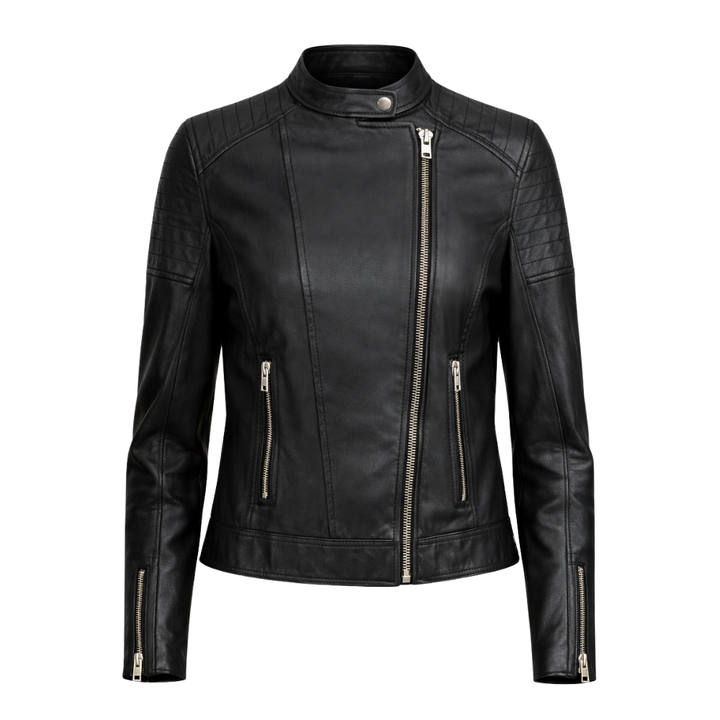 Women’s black cowhide leather jacket with stylish design