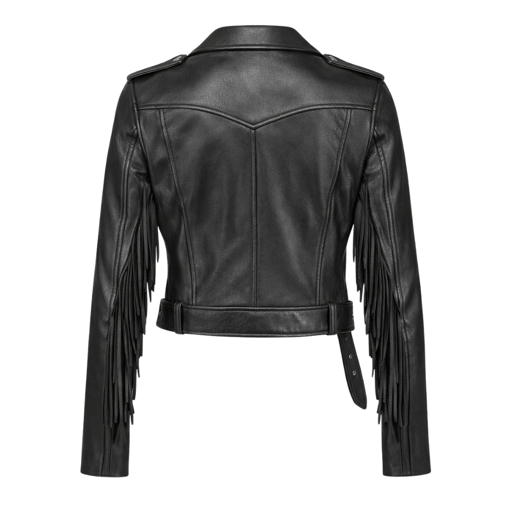  women black western biker leather jacket with motorcycle details