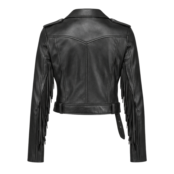 women black western biker leather jacket with motorcycle details