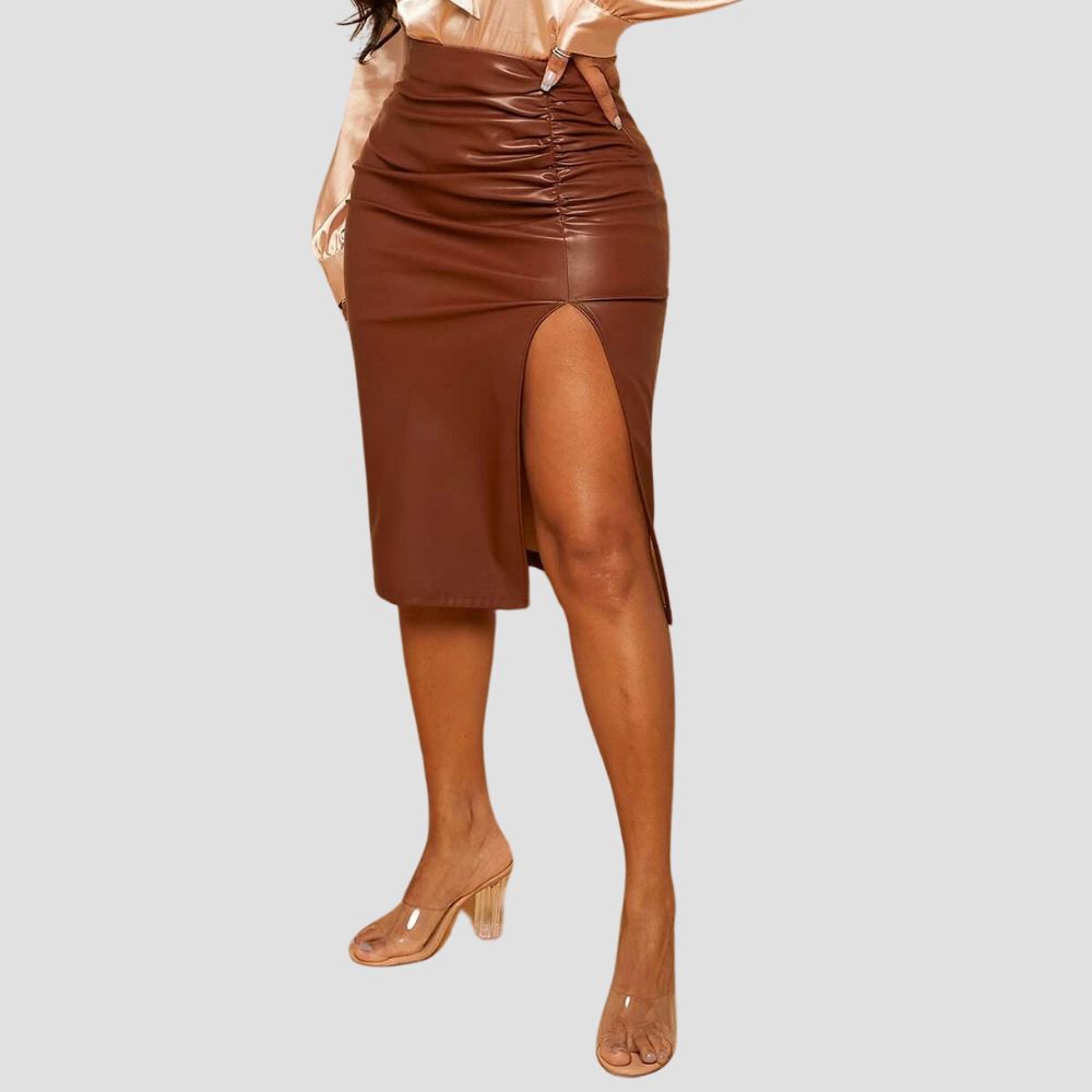 Women’s leather skirt for bold, fashionable party wear with a trendy vibe.