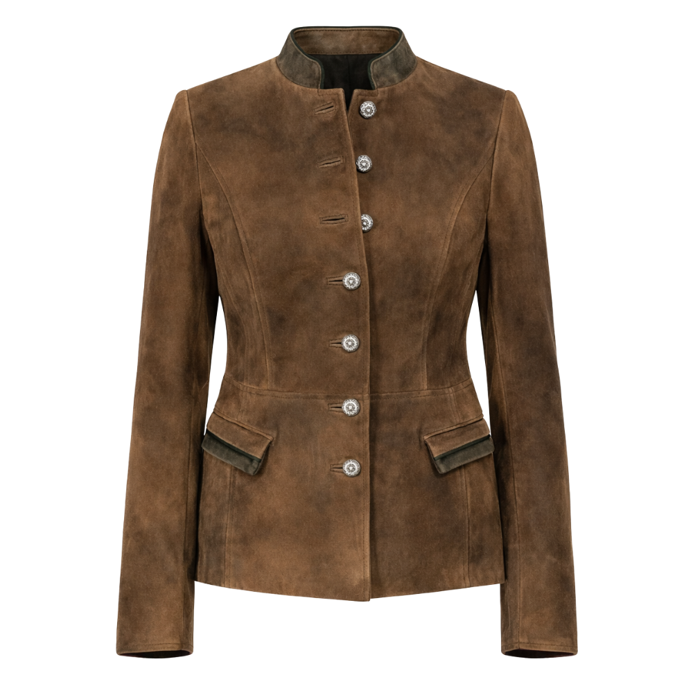 Women’s brown suede leather trachten jacket with traditional design