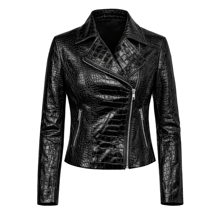 Stylish women crocodile leather moto jacket for fashion wear