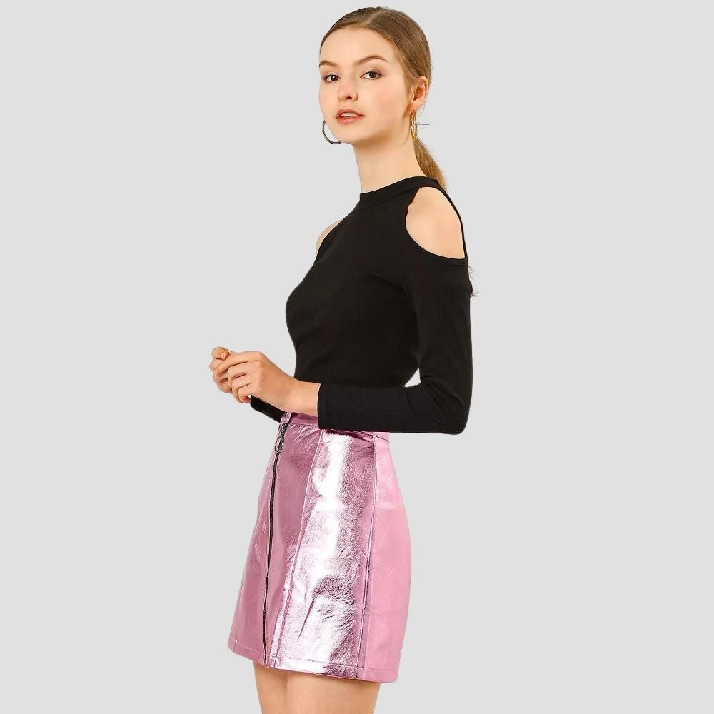 High-fashion metallic leather skirt for women with striking shiny details for a bold look.