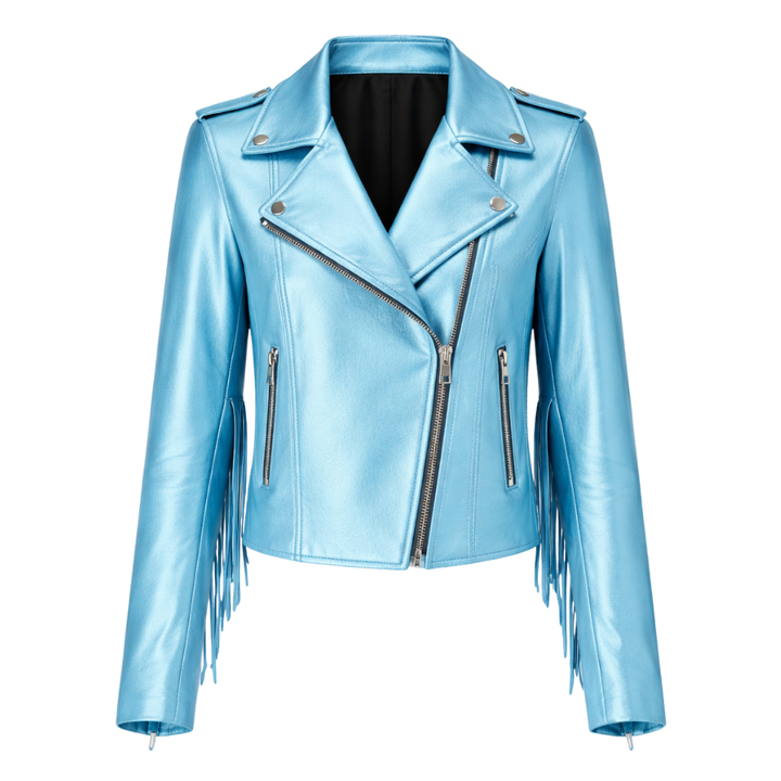 Elevate your wardrobe with a classic Western metallic leather jacket for women. The metallic sheen and fringe detailing make it a standout piece for any Western-inspired outfit.