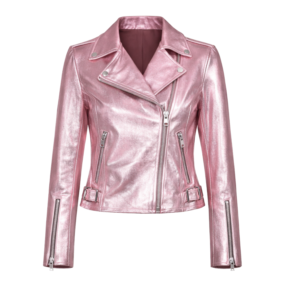 Women’s pink metallic leather jacket with modern fashion style