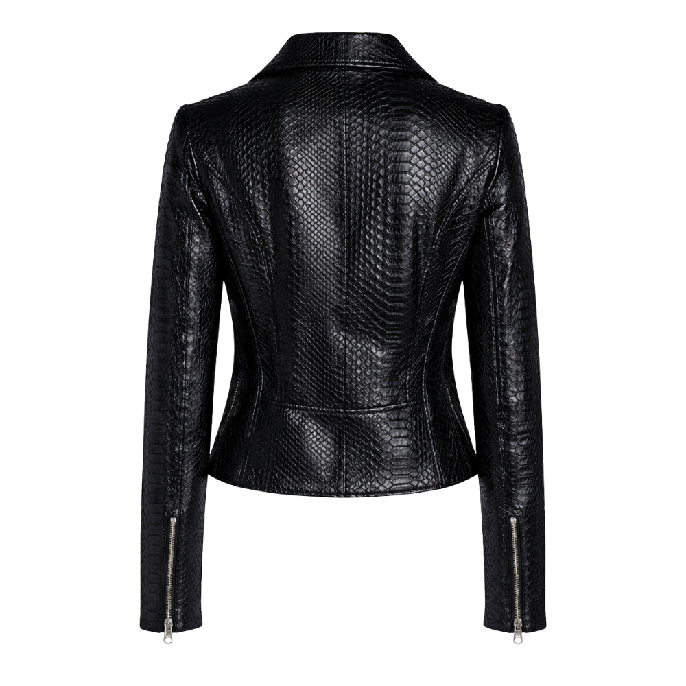  women black python embossed genuine leather biker jacket
