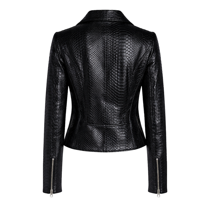  women black python embossed genuine leather biker jacket