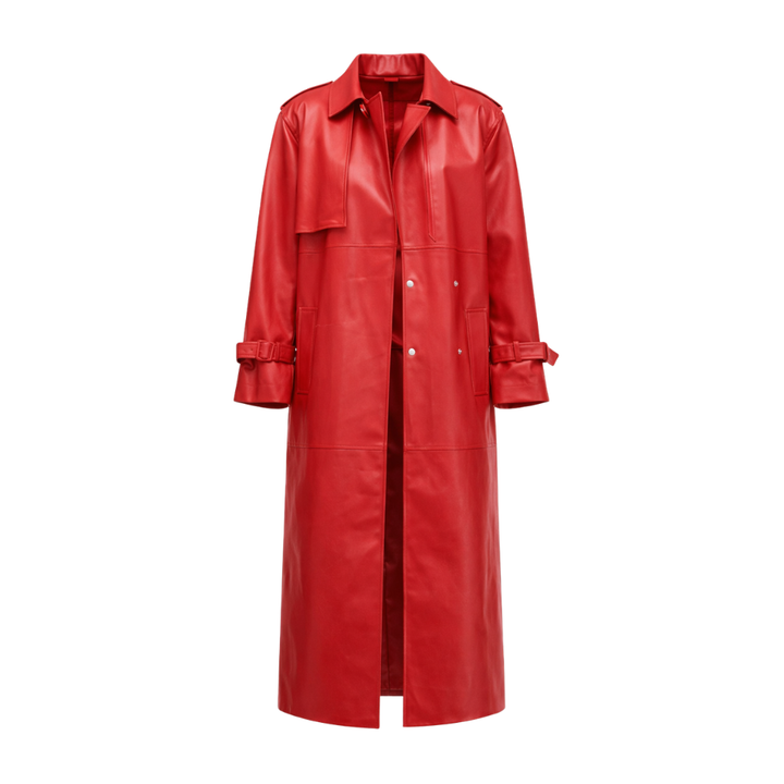Women red sheepskin leather trench coat with classic styling