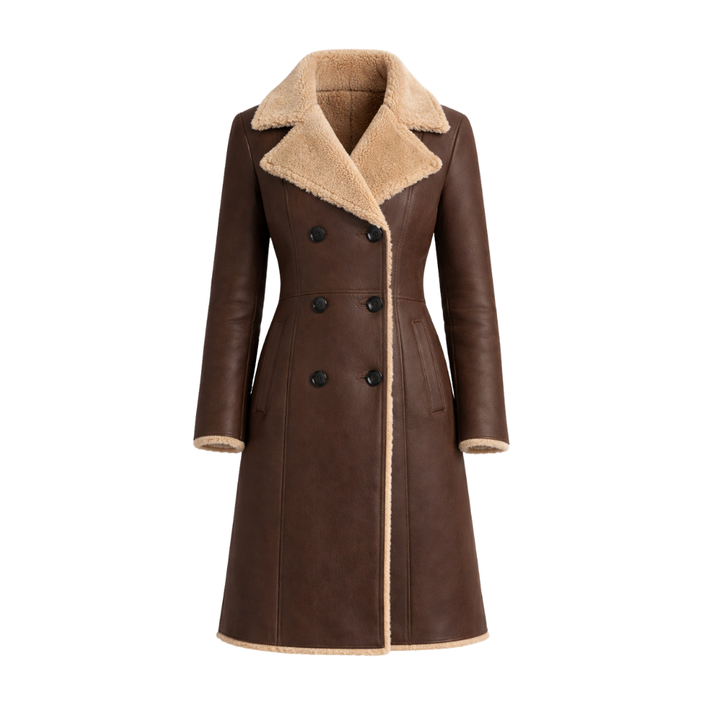 Women sherpa fur leather trench coat with cozy lining