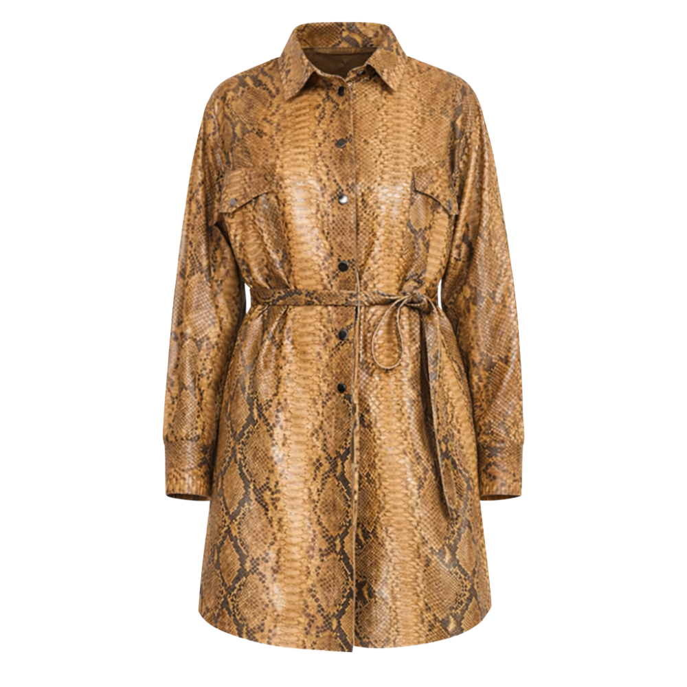 Women snakeskin leather trench coat with embossed texture
