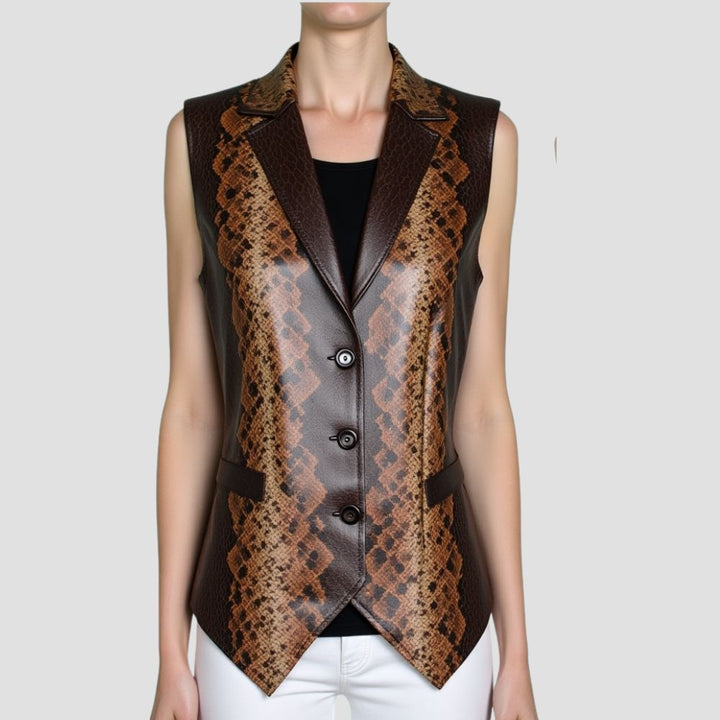 A versatile snakeskin leather vest for women, designed to add a bold statement to your wardrobe, perfect for stylish, eye-catching outfits.