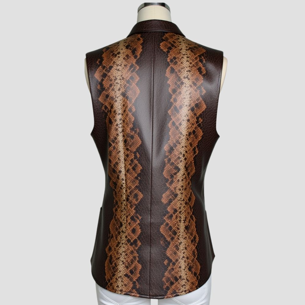 Make a fashion statement with this women’s snakeskin leather vest, perfect for those who love bold looks and chic, trendsetting outfits.