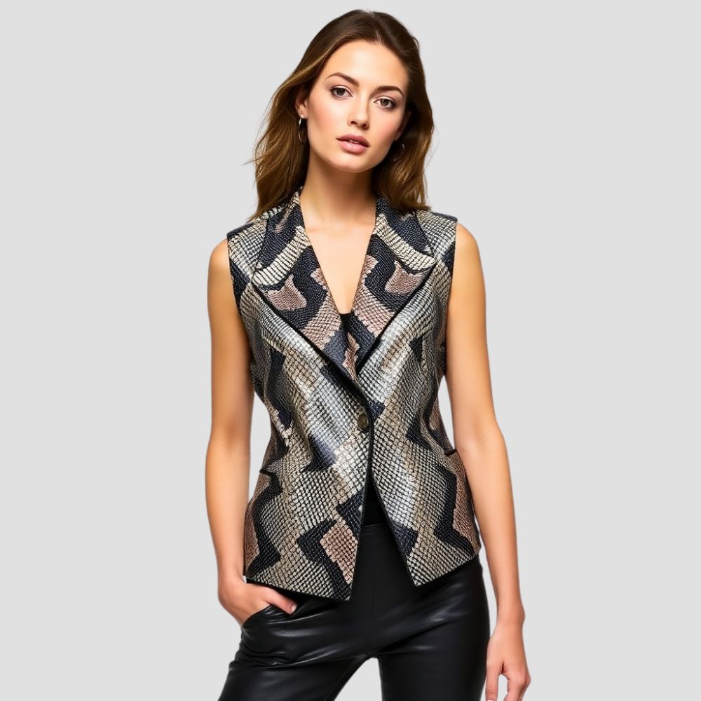 A premium snakeskin leather vest for women, designed for edgy casual wear, offering a bold and fashionable look for everyday outfits.