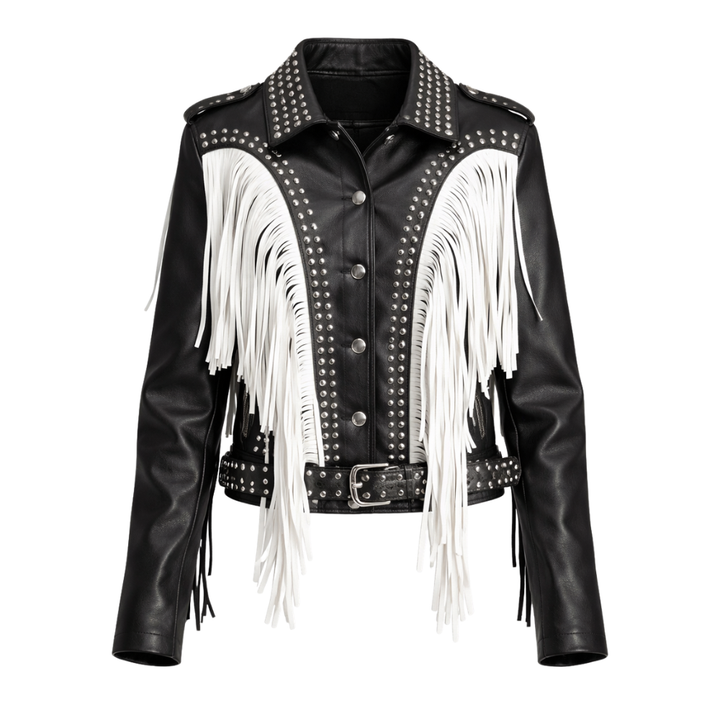  Women studded fringe jacket with metal studs and tassel details