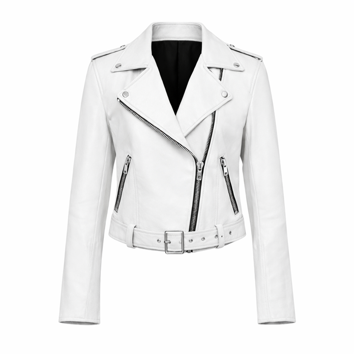 Women white leather biker jacket with classic moto style