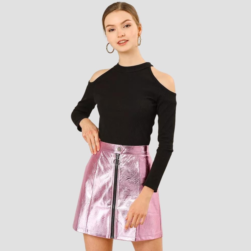 Women's leather metallic skirt with shiny detail, perfect for high-fashion looks.