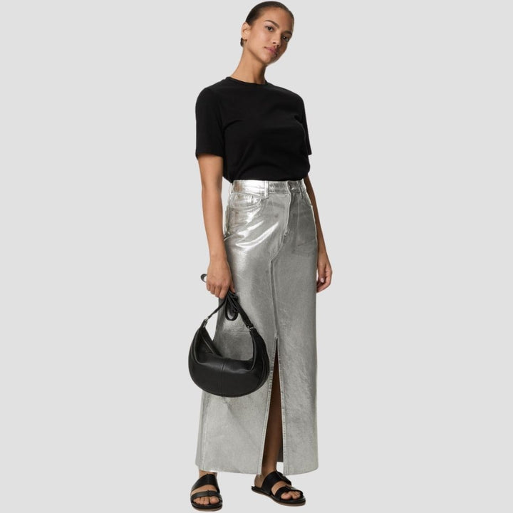  Women’s metallic leather skirt with a sleek, futuristic vibe for modern, edgy fashion.