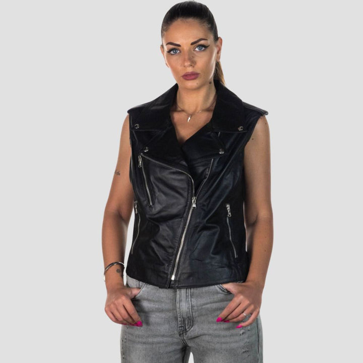 Sleek and edgy, this women's motorcycle black leather vest delivers a bold biker-inspired look, perfect for adding attitude to any outfit.