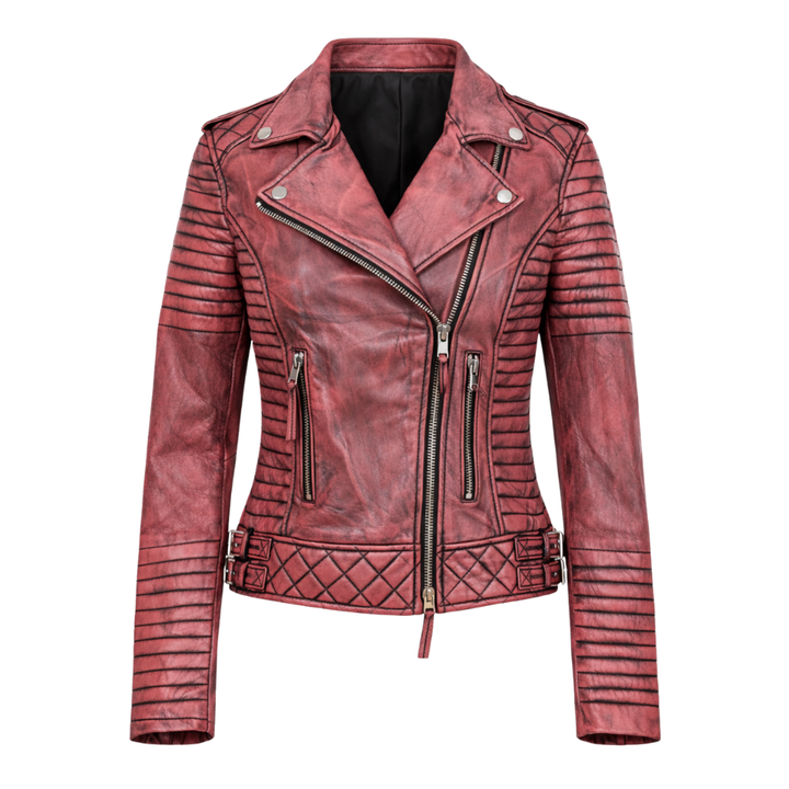 Women’s red leather biker jacket with classic moto style