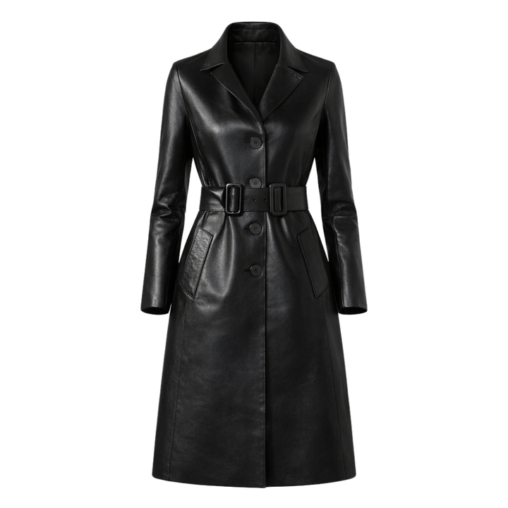 Women's black sheepskin leather trench coat with belted waist