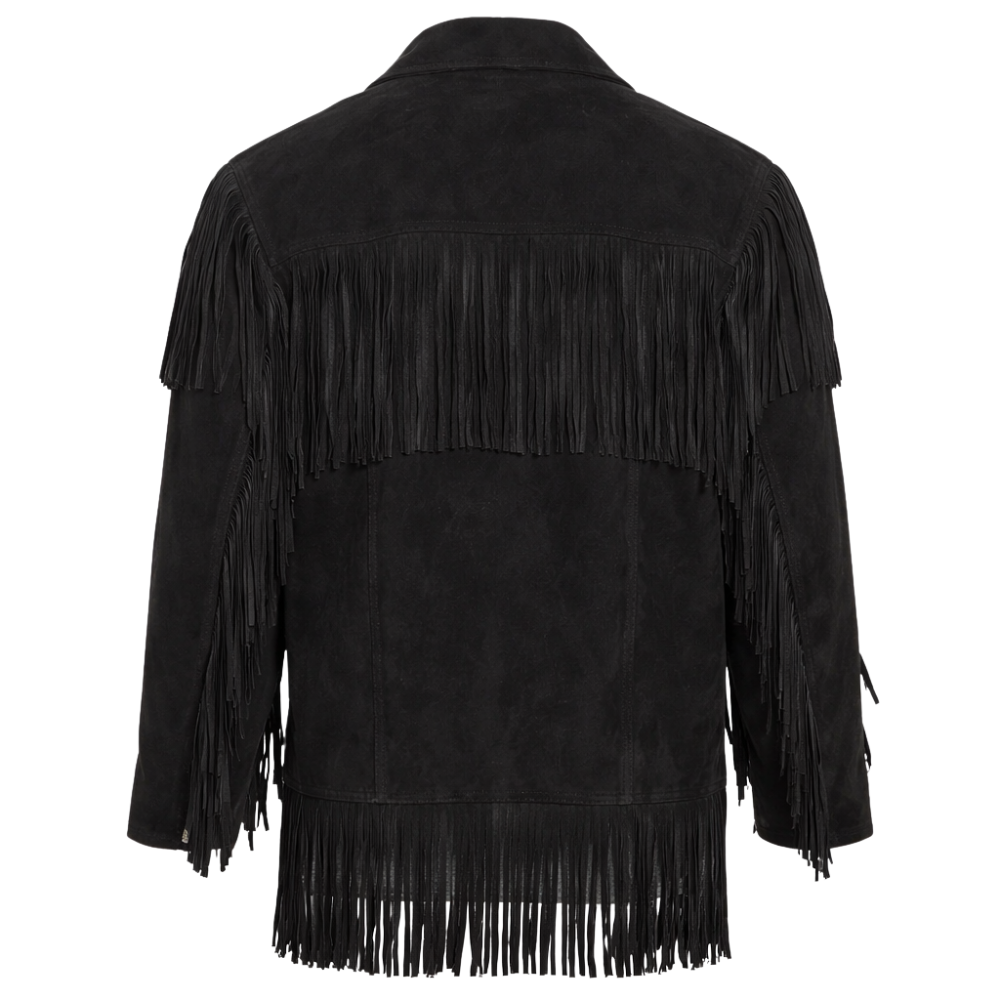 Women's black western fringed suede jacket with cowgirl styling