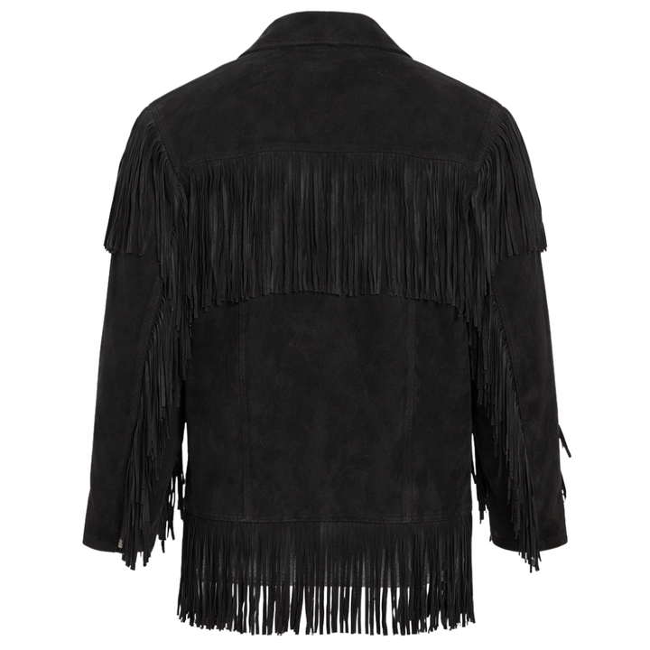Women's black western fringed suede jacket with cowgirl styling