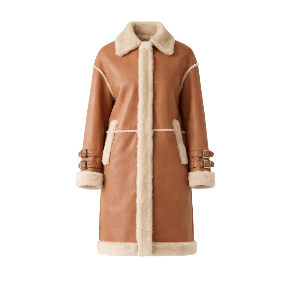 Women's brown shearling leather fur coat with cozy fleece