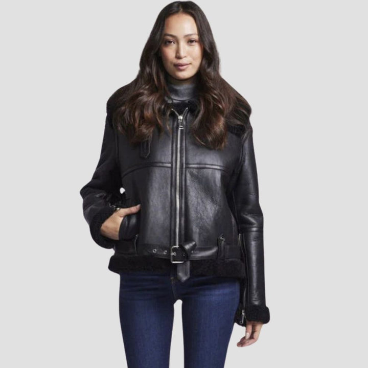 Make a statement with this women’s classic B3 bomber jacket. Designed for bold and edgy winter wear, its shearling lining and leather exterior combine style and warmth.