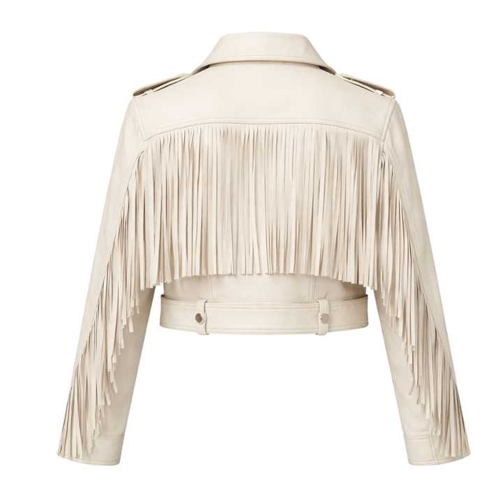 Women's cream fringed leather jacket with western style