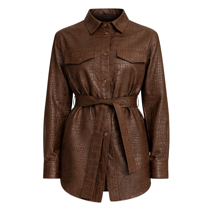 Women's crocodile embossed leather coat with reptile pattern