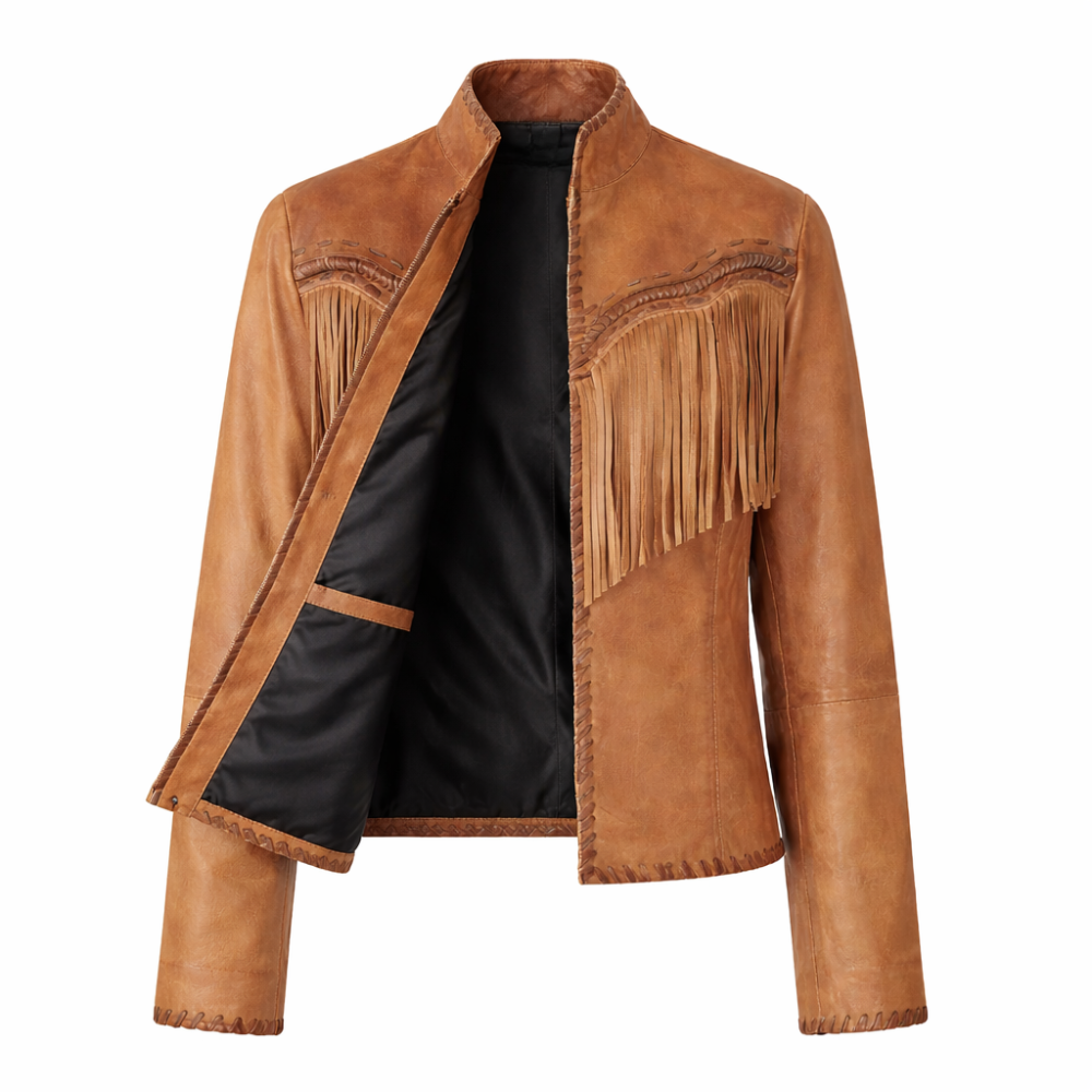 Women's distressed fringed leather jacket with western style