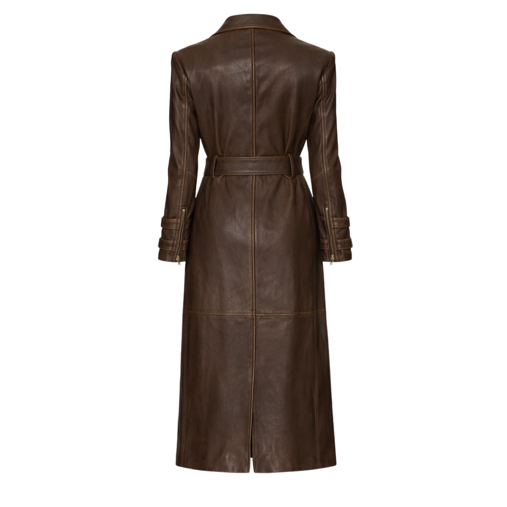 Women's double breasted leather trench coat with belted waist