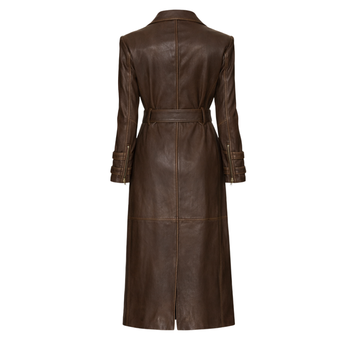 Women's double breasted leather trench coat with belted waist