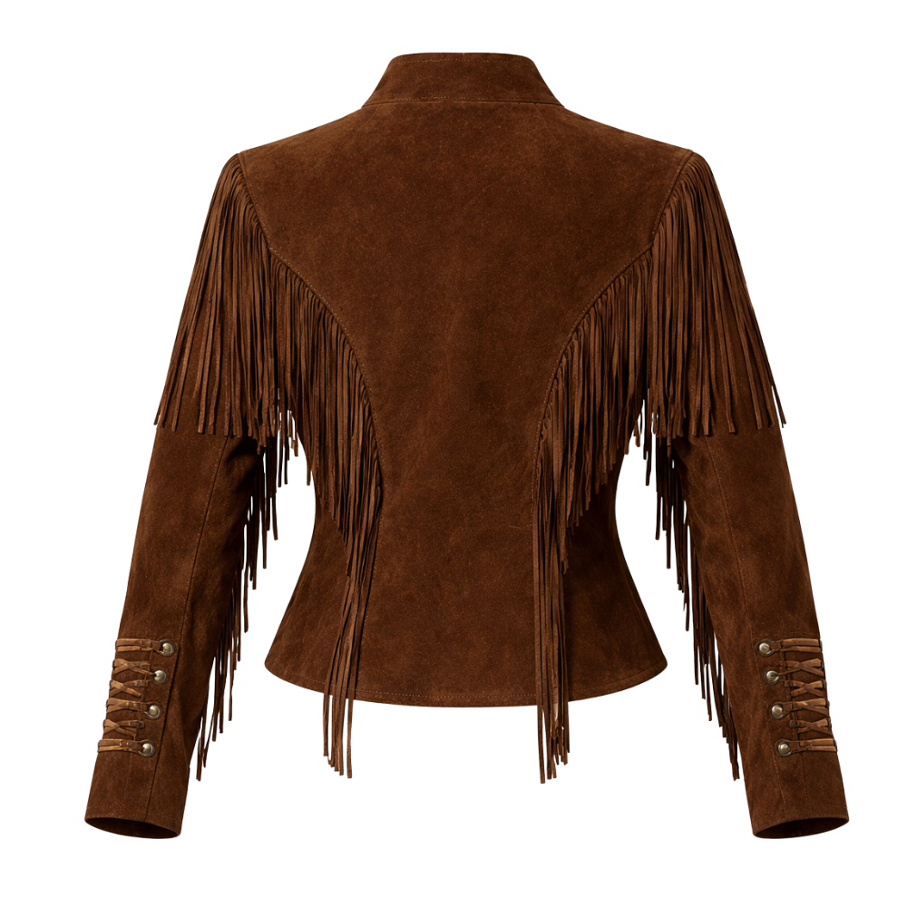 Women's brown suede cowgirl jacket with western fringe