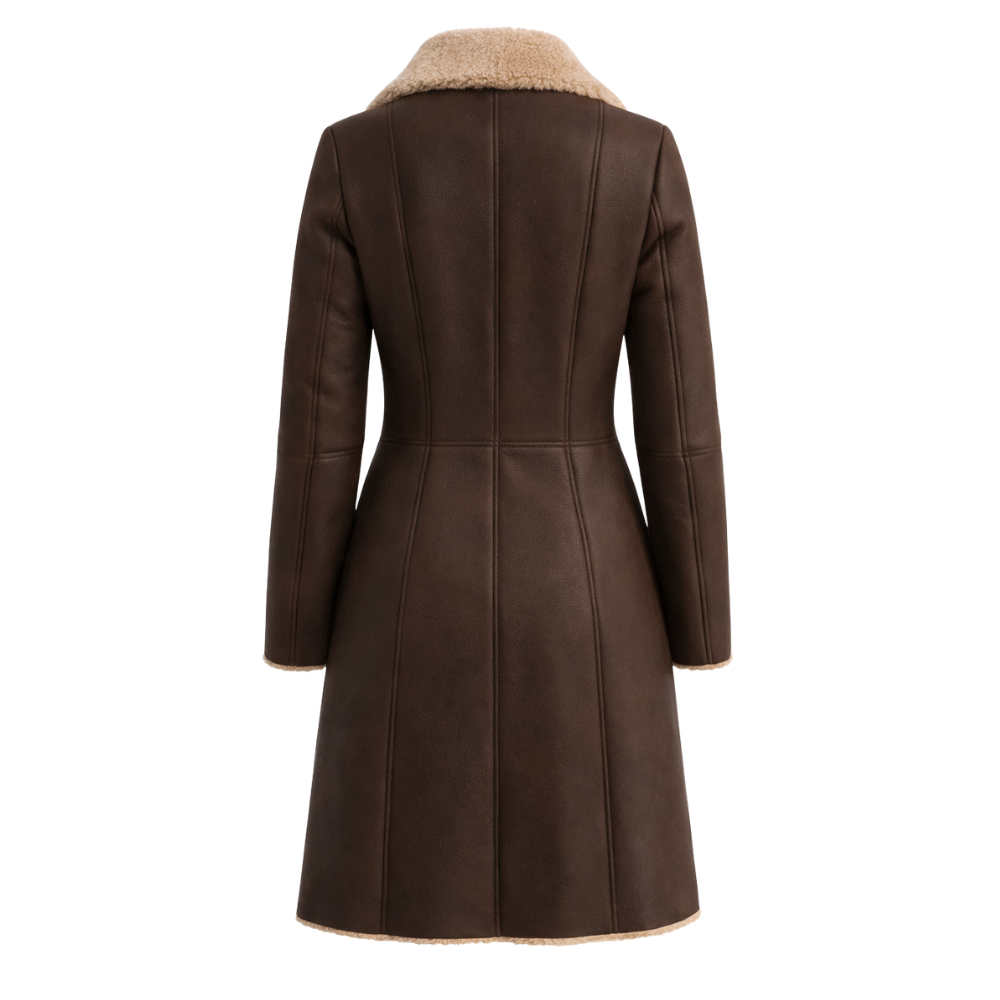 Women's fur sherpa leather trench coat with warm fleece lining and belted waist