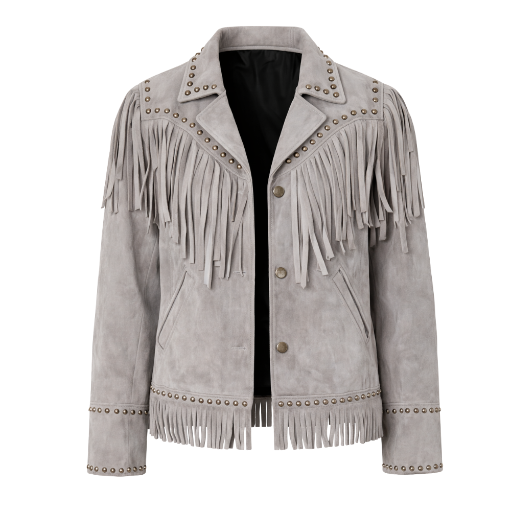 Women's gray fringed suede jacket with western style