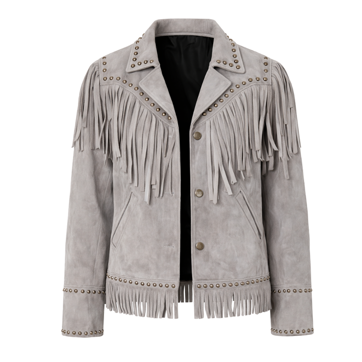Women's gray fringed suede jacket with western style