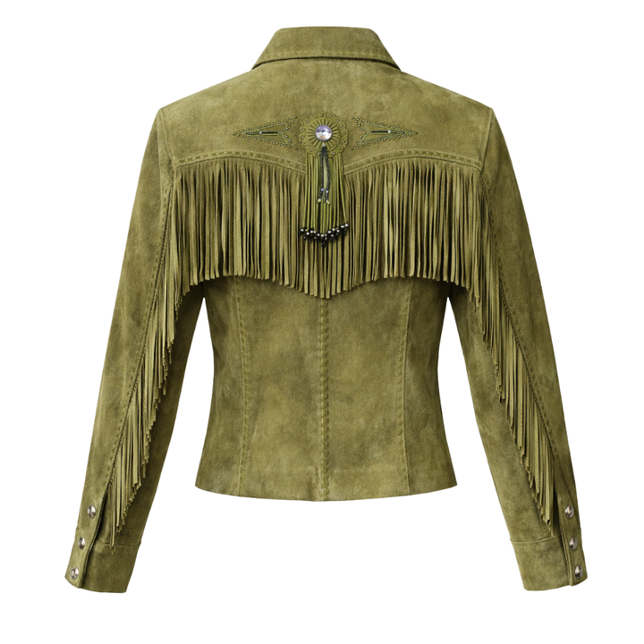 Women's green fringed suede jacket with western style