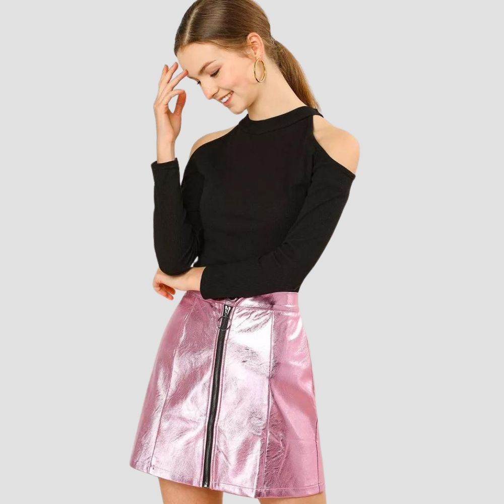 Women's shiny metallic leather skirt, designed for chic, high-fashion outfits.