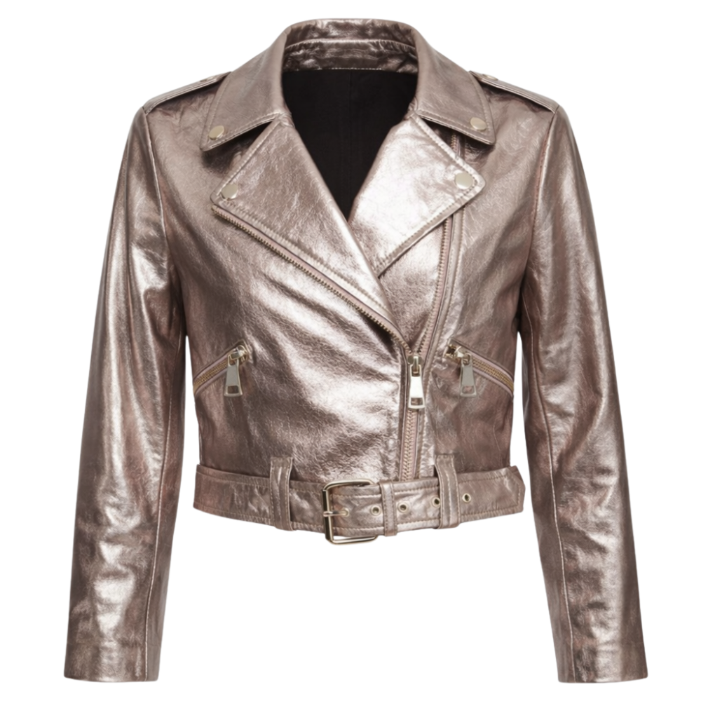 Women’s metallic leather biker jacket for trendy streetwear