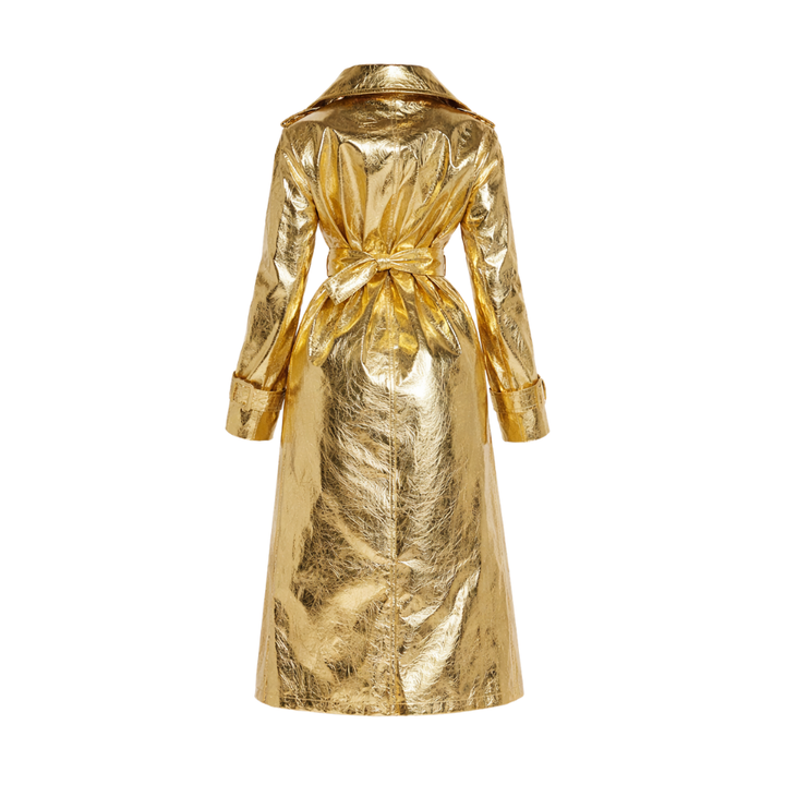 Women's metallic long leather trench coat with reflective coating