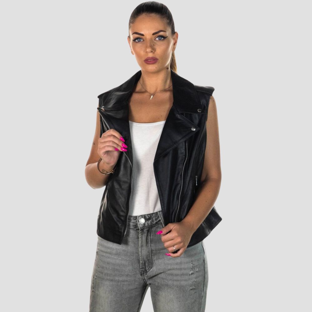 A women's black leather motorcycle vest with a biker-inspired design, combining tough leather material with sleek, stylish details for a statement look.